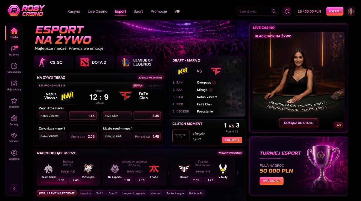 Interfejs z zakładami e-sportowymi i stołem live w tle