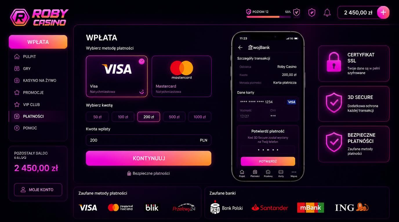 Bezpieczne płatności kartami Visa i Mastercard w Roby Casino