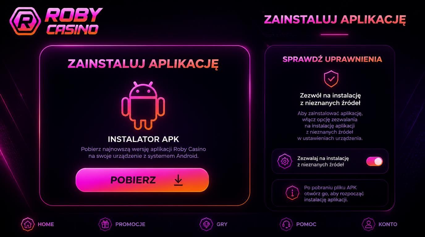 Instalacja aplikacji APK Roby Casino na Androidzie w języku polskim z widocznymi przyciskami instalacji
