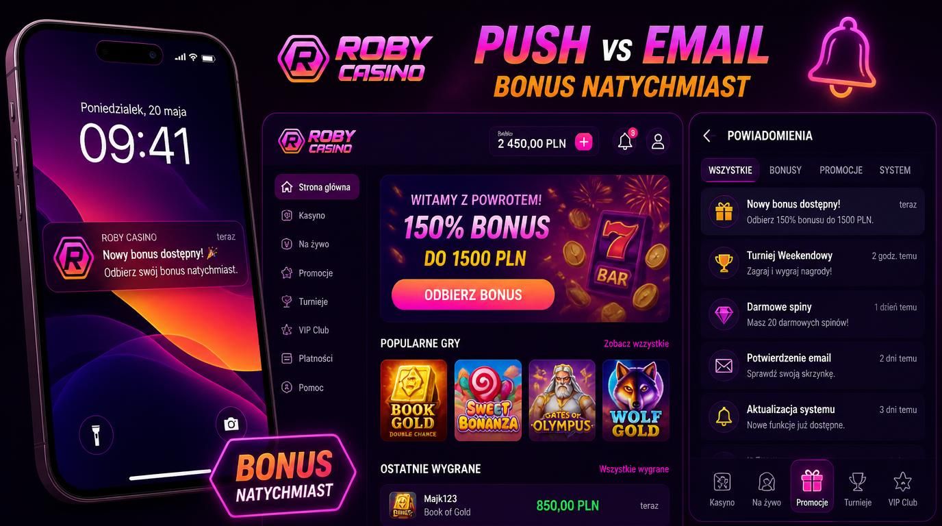 Powiadomienie push Roby Casino na ekranie telefonu z informacją o bonusie