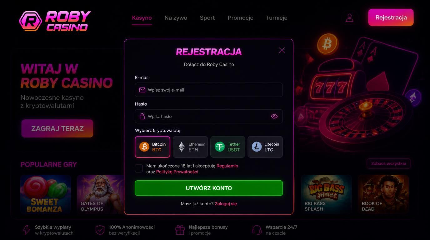 Interfejs rejestracji Roby Casino z formularzem i wyborem krypto