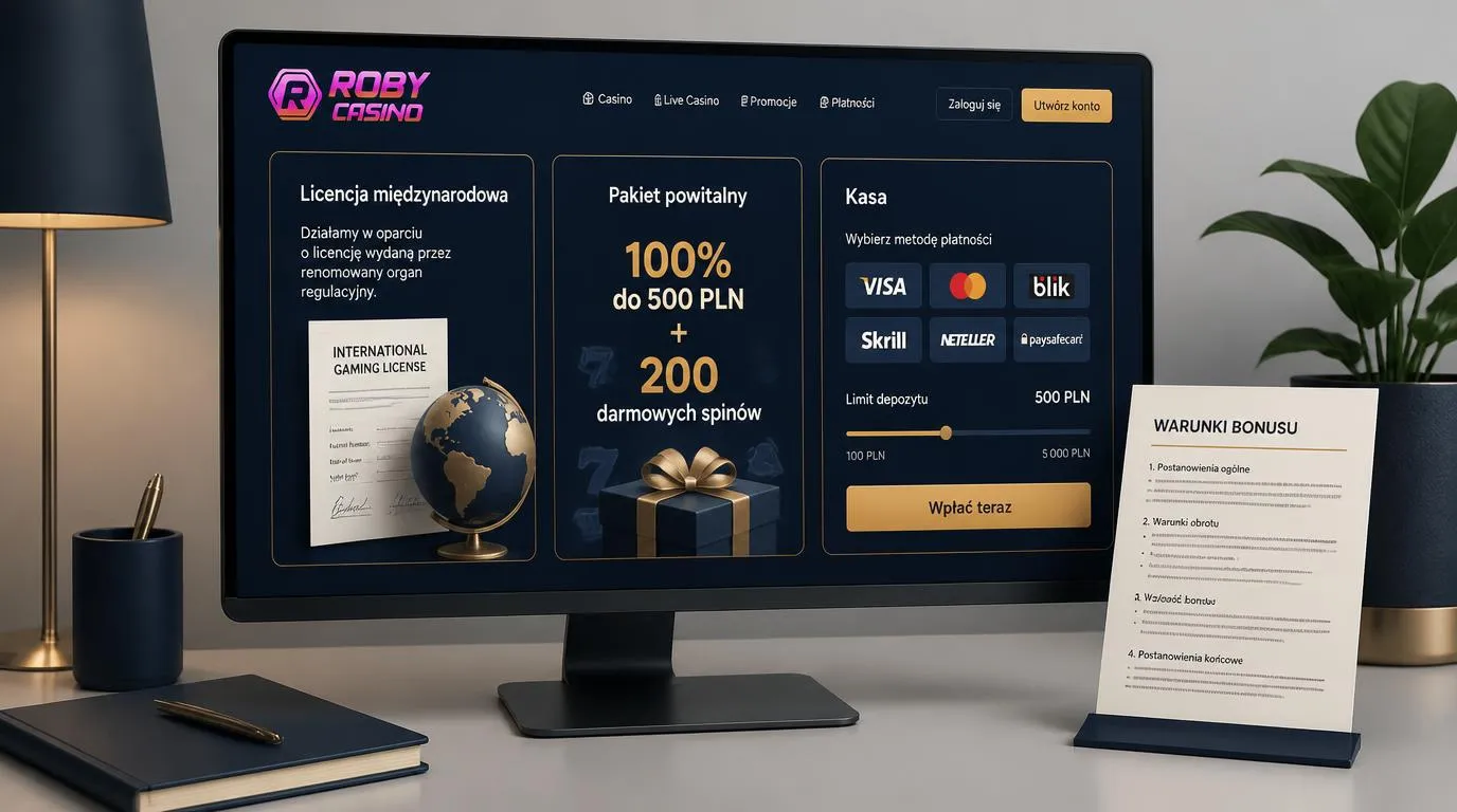 Panel podsumowania kasyna z kartą licencji międzynarodowej, ofertą powitalną i ustawieniem limitu wpłat