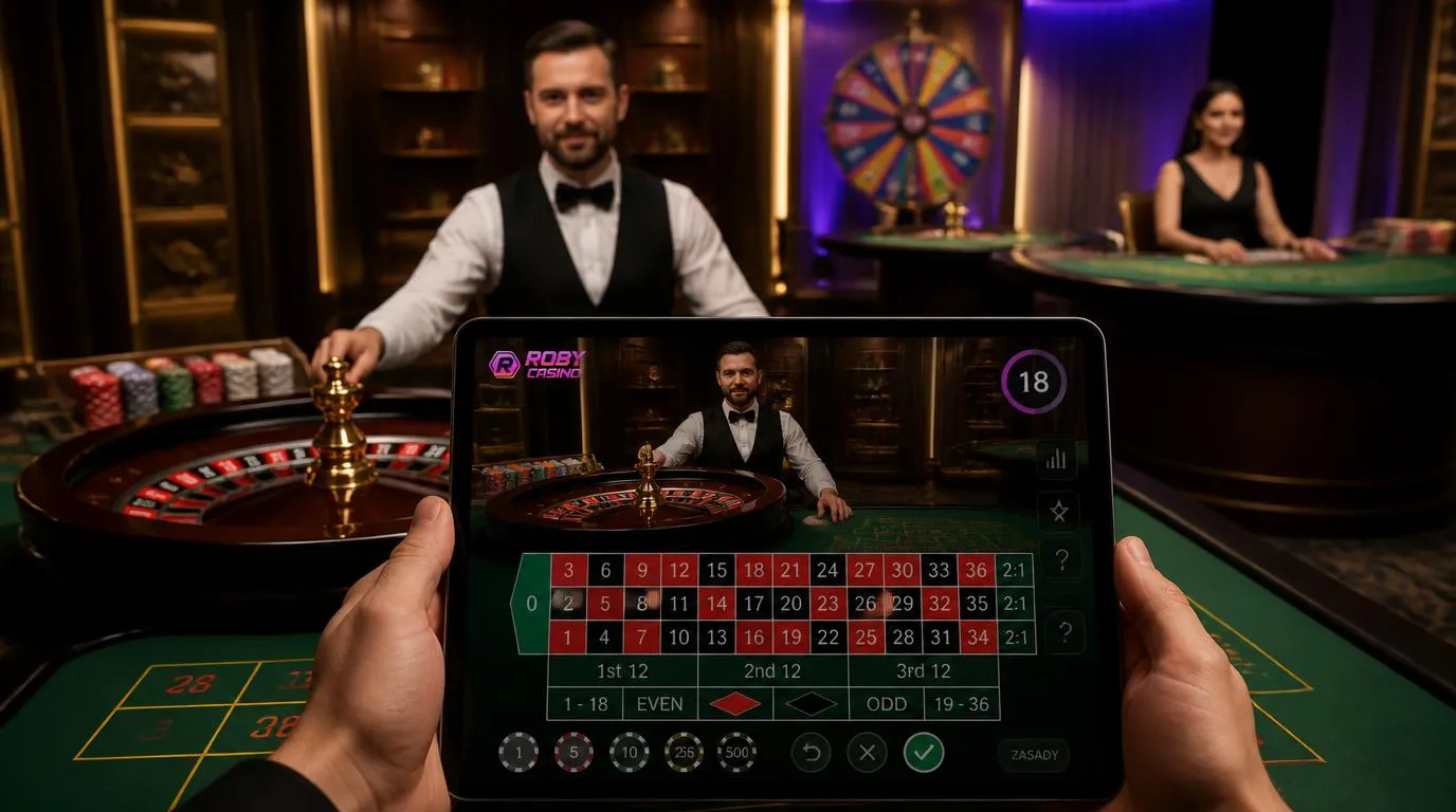 Krupier przy stole ruletki w oświetlonym studiu oraz ekran z transmisją gry na żywo