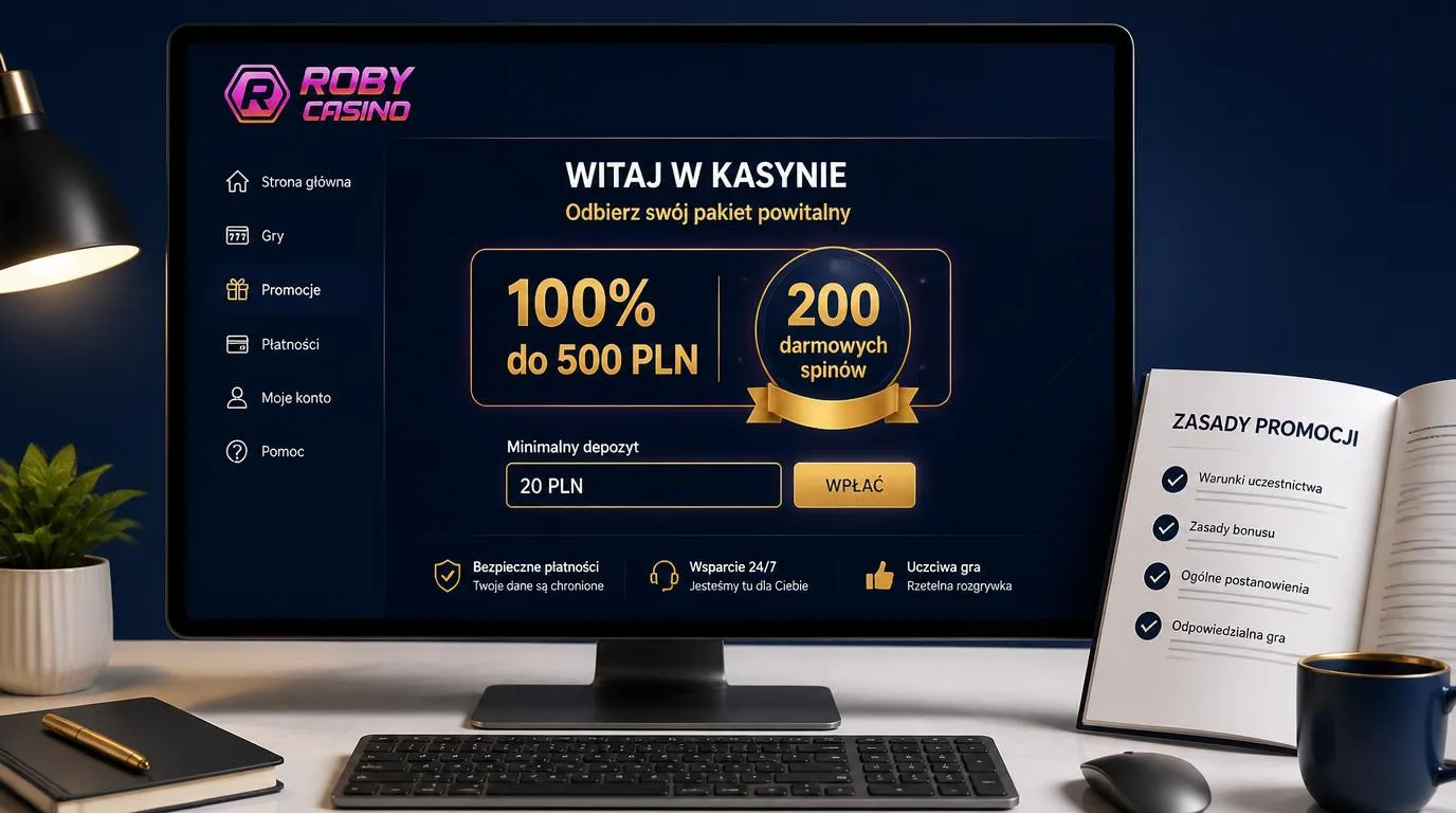 Panel oferty powitalnej z bonusem 100% do 500 PLN, 200 darmowymi spinami i minimalnym depozytem 20 PLN