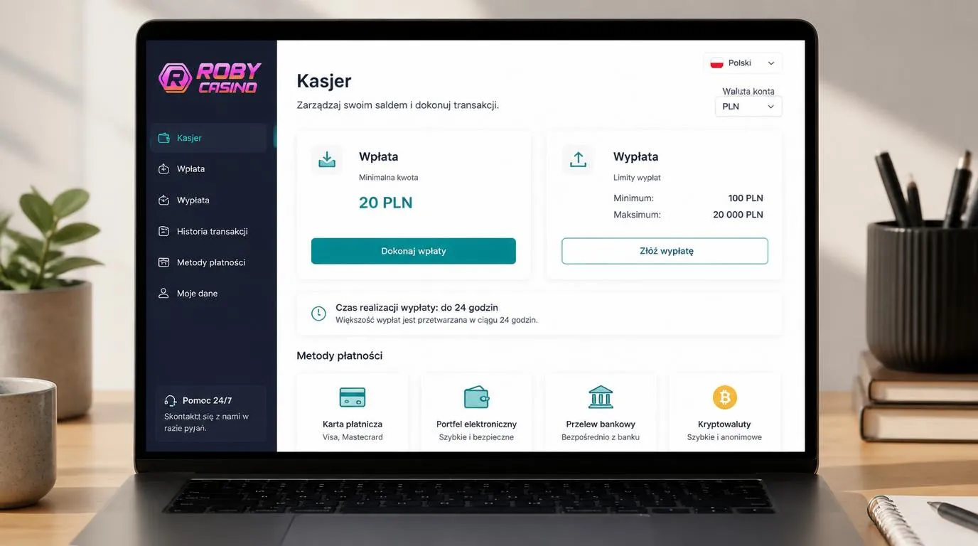 Panel kasy z saldem w PLN, wyborem płatności i progami wpłaty oraz wypłaty